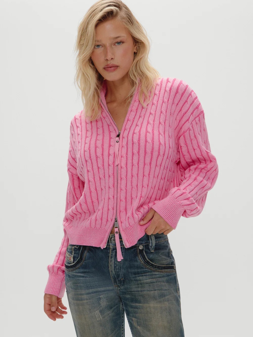 Frankie’s Bikinis Bea Cable Knit Zip Up Sweater